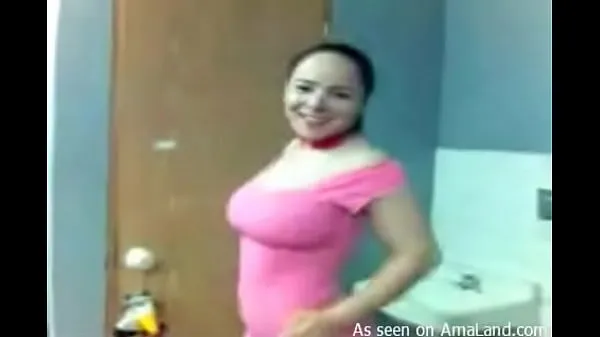 Fresh Busty Latina in pink strips in the bathroom drive Tube