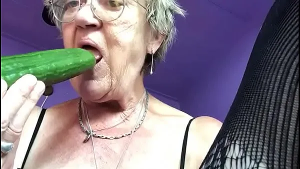 Fresh Grandma plays with cucumber drive Tube